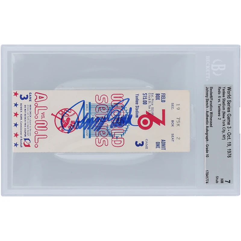 Johnny Bench Cincinnati Reds 1976 World Series Game 3 Beckett Fanatics Witnessed Authentifié 7/10 Ticket du 19 octobre 1976