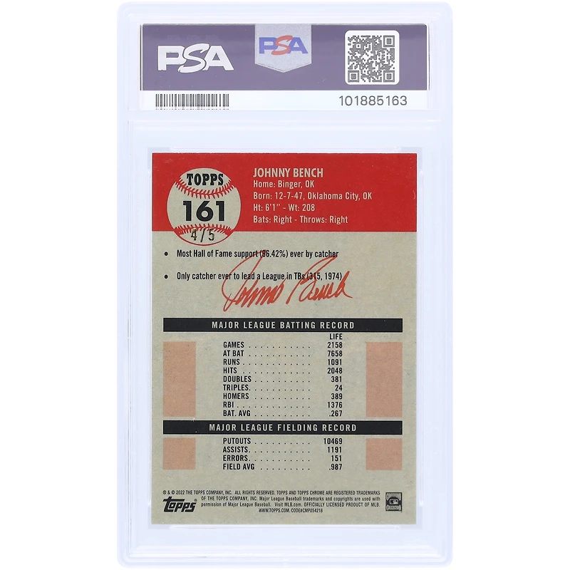 Johnny Bench Cincinnati Reds 2022 Topps Platinum Anniversary Red Lava Refractor #161 #4/5 PSA Authenticated 10 Card