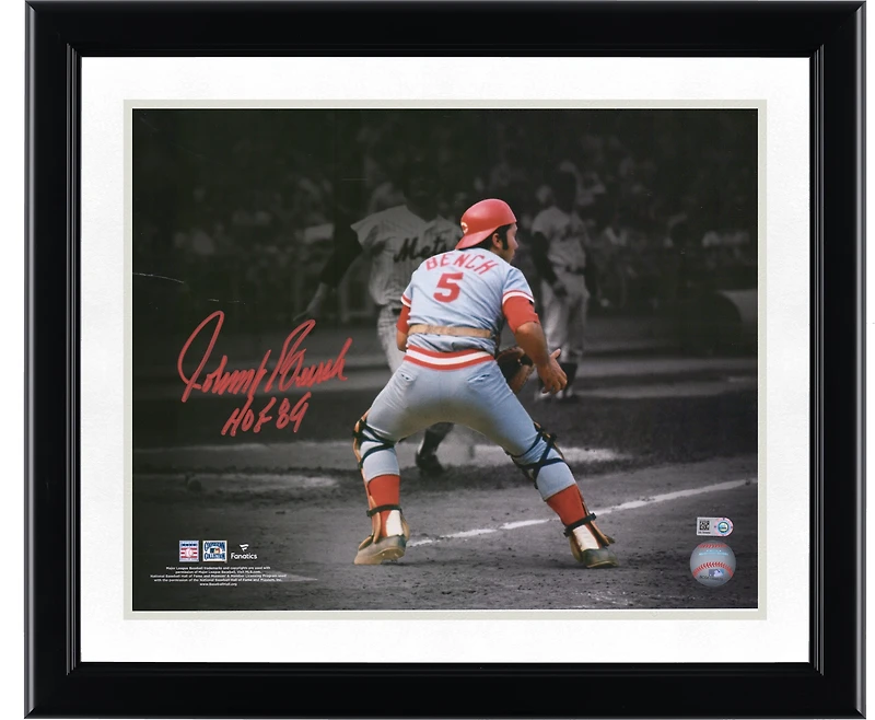 Photo dédicacée de Johnny Bench (Reds de Cincinnati) - 11 x 14 pouces) - « Catching Spotlight » avec inscription « HOF 89 ».
