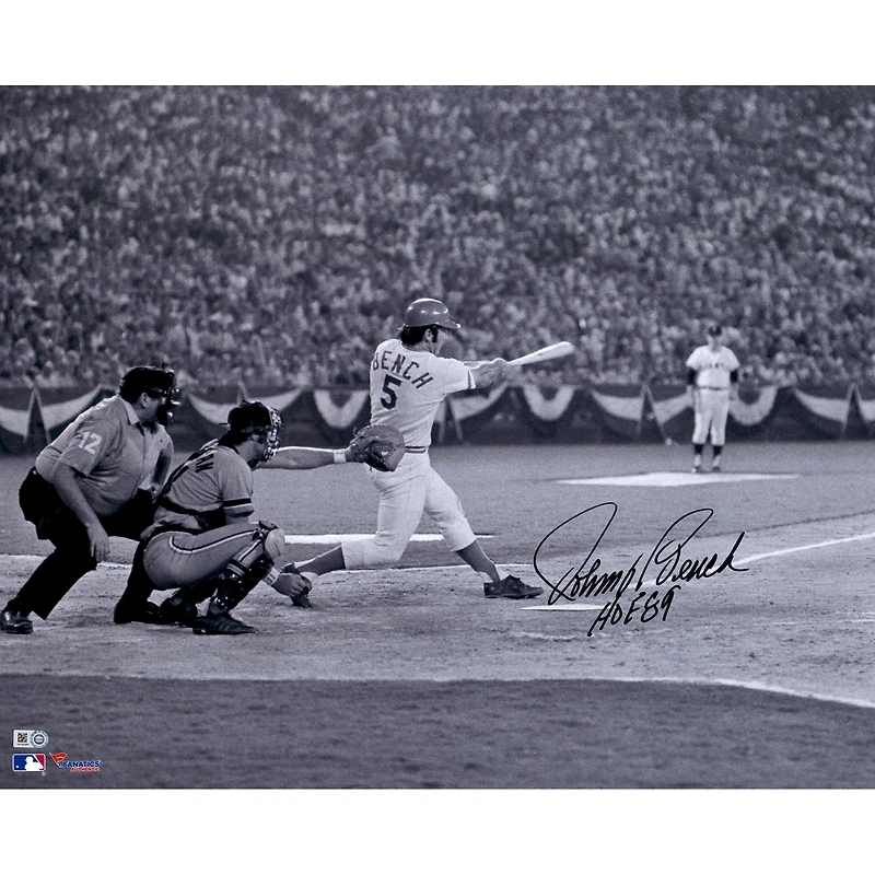 Johnny Bench Cincinnati Reds Autographed 16" x 20" Black & White Hitting Photograph with "HOF 89" Inscription