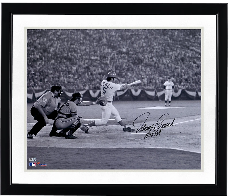 Johnny Bench Cincinnati Reds Autographed 16" x 20" Black & White Hitting Photograph with "HOF 89" Inscription