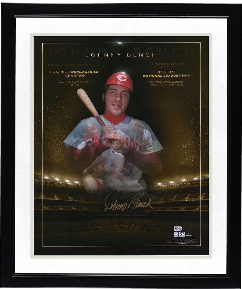 Photo autographiée de Johnny Bench, joueur des Reds de Cincinnati, datant de ses années d'or (40 x 50 cm).