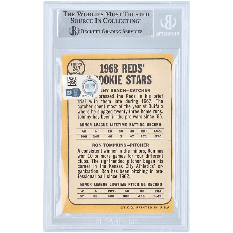 Johnny Bench Cincinnati Reds Autographed 1968 Topps MLB #247 Beckett Fanatics Witnessed Authenticated Rookie Card