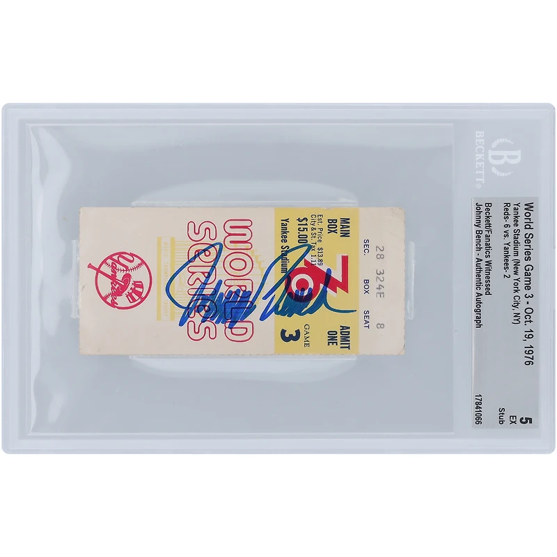 Billet autographié par Johnny Bench des Cincinnati Reds pour le match 3 des World Series 1976, dont les fans de Beckett ont été témoins. Billet authentifié du 19 octobre 1976
