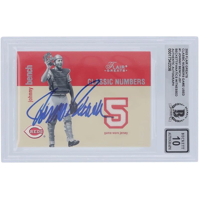 Johnny Bench Cincinnati Reds Autographed 2003 Fleer Flair Greats Classic Numbers Jersey Relic #JB Beckett Fanatics Witnessed Authenticated 10 Card 