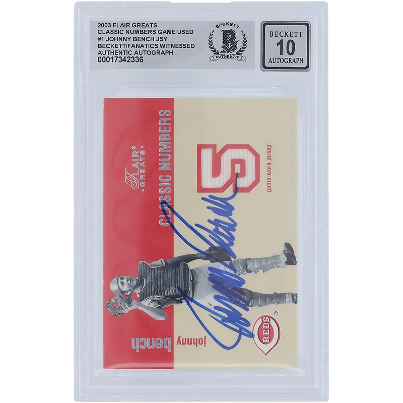 Johnny Bench Cincinnati Reds Autographed 2003 Fleer Flair Greats Classic Numbers Jersey Relic #JB Beckett Fanatics Witnessed Authenticated 10 Card