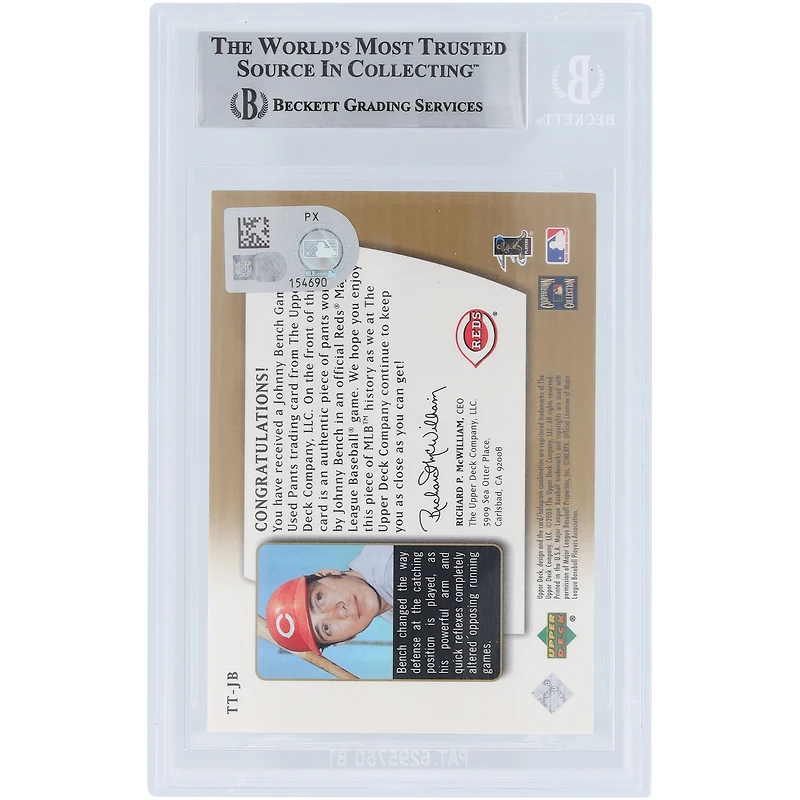 Johnny Bench Cincinnati Reds Autographed 2003 Upper Deck Authentics Threads of Time Jersey Relic #TT-JB Beckett Fanatics Witnessed Authenticated Card