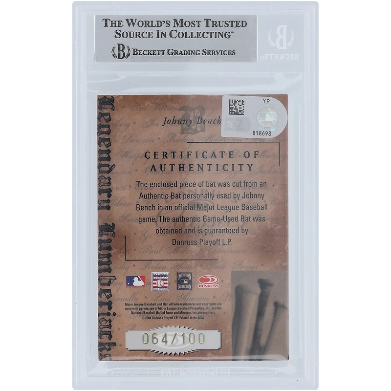Johnny Bench Cincinnati Reds Autographed 2004 Donruss Classics Legendary Lumberjacks Bat Relic #LL-JB #/100 Beckett Fanatics Witnessed Authenticated Card 
