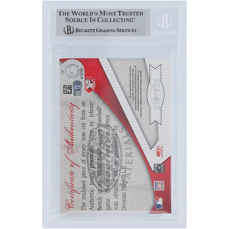 Johnny Bench Cincinnati Reds Autographed 2004 Donruss Leaf Certified Materials Fabric of the Game Jersey Relic #FG-JB #/100 Beckett Fanatics Witnessed Authenticated Card 