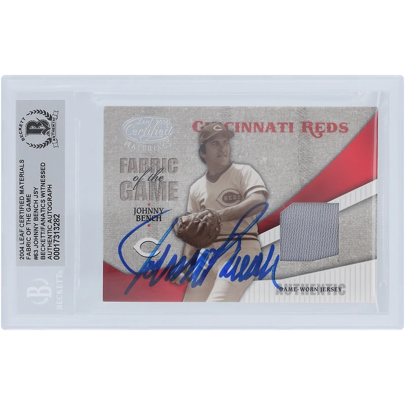 Johnny Bench Cincinnati Reds Autographed 2004 Donruss Leaf Certified Materials Fabric of the Game Jersey Relic #FG-JB #/100 Beckett Fanatics Witnessed Authenticated Card 