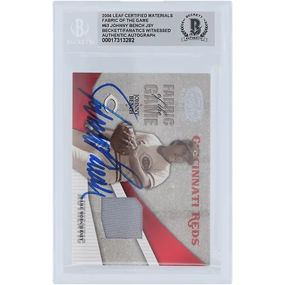 Johnny Bench Cincinnati Reds Autographed 2004 Donruss Leaf Certified Materials Fabric of the Game Jersey Relic #FG-JB #/100 Beckett Fanatics Witnessed Authenticated Card 