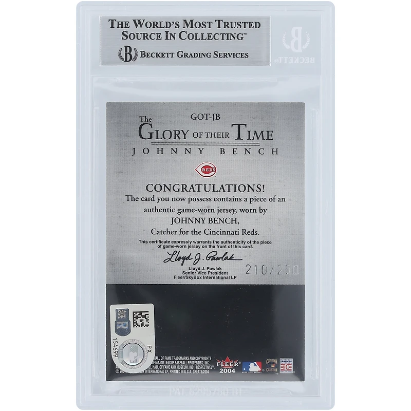 Johnny Bench Cincinnati Reds Autographed 2004 Fleer Greats Of The Game Glory Of Their Time Jersey Relic #GOT-JB #/250 Beckett Fanatics Witnessed Authenticated Card