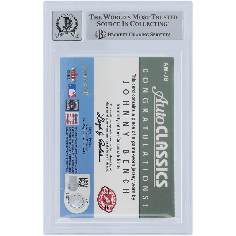 Johnny Bench Cincinnati Reds Autographed 2004 Fleer Skybox Autographics AutoClassics Jersey Relic #AM-JB #/350 Beckett Fanatics Witnessed Authenticated 10 Card 