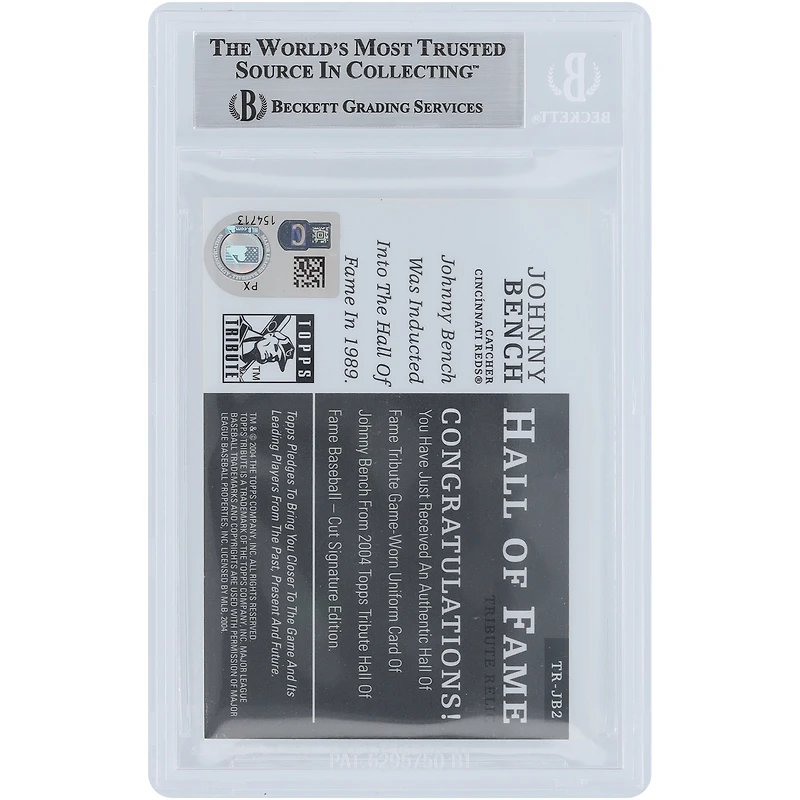 Johnny Bench Cincinnati Reds Autographed 2004 Topps Tribute Hall of Fame Jersey Relic #TR-JB2 Beckett Fanatics Witnessed Authenticated Card