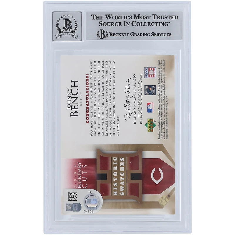 Johnny Bench Cincinnati Reds Autographed 2004 Upper Deck SP Legendary Cuts Historic Swatches Jersey Relic #HS-JB Beckett Fanatics Witnessed Authenticated 10 Card