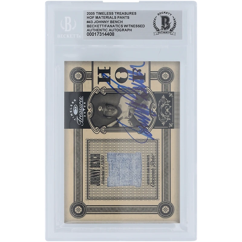 Johnny Bench Cincinnati Reds Autographed 2005 Donruss Timeless Treasures HOF Materials Jersey Relic #HOF-43 #/50 Beckett Fanatics Witnessed Authenticated Card