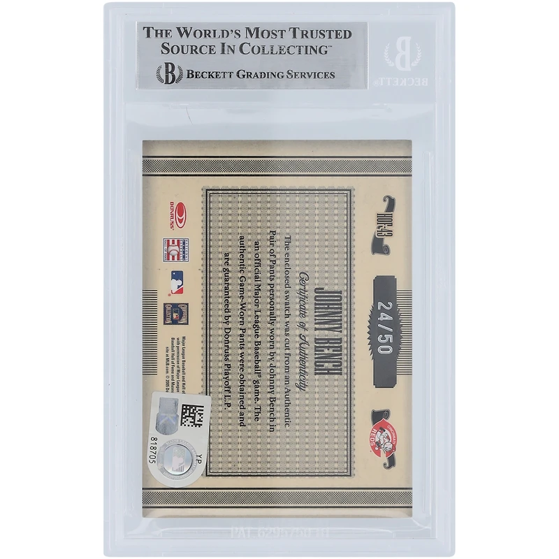 Johnny Bench Cincinnati Reds Autographed 2005 Donruss Timeless Treasures HOF Materials Jersey Relic #HOF-43 #/50 Beckett Fanatics Witnessed Authenticated Card