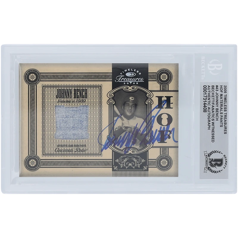 Johnny Bench Cincinnati Reds Autographed 2005 Donruss Timeless Treasures HOF Materials Jersey Relic #HOF-43 #/50 Beckett Fanatics Witnessed Authenticated Card