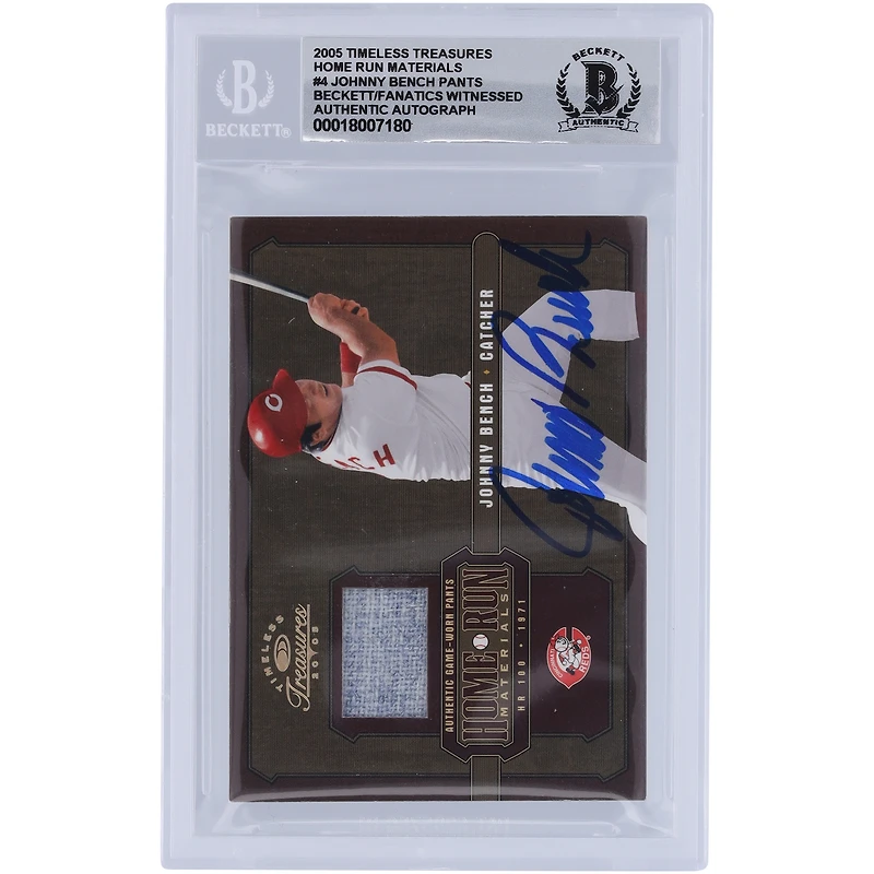 Johnny Bench Cincinnati Reds Autographed 2005 Donruss Timeless Treasures Home Run Materials Jersey Relic #HRM-4 #/71 Beckett Fanatics Witnessed Authenticated 10 Card