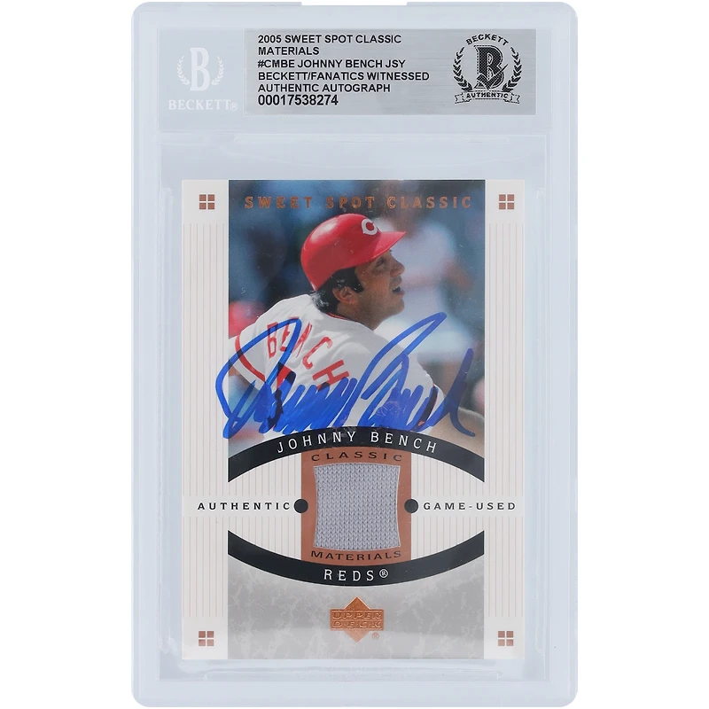 Johnny Bench Cincinnati Reds Autographed 2005 Upper Deck Sweet Spot Classic Jersey Relic #CM-BE Beckett Fanatics Witnessed Authenticated Card