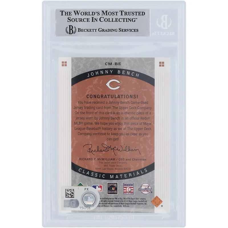 Johnny Bench Cincinnati Reds Autographed 2005 Upper Deck Sweet Spot Classic Jersey Relic #CM-BE Beckett Fanatics Witnessed Authenticated Card