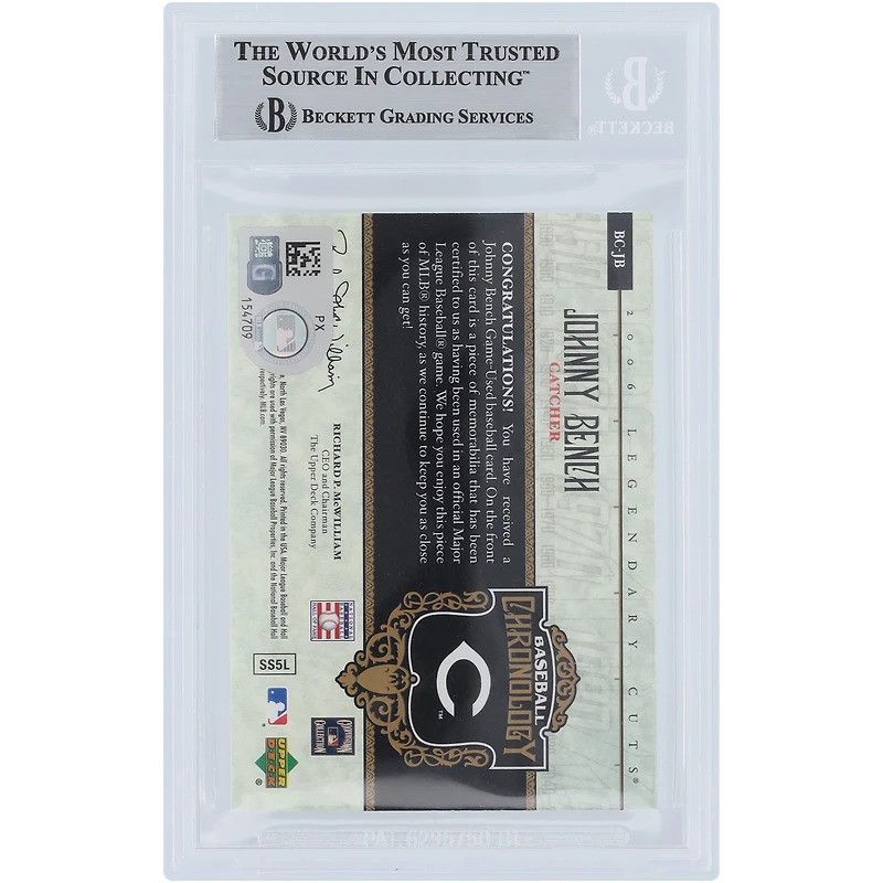 Johnny Bench Cincinnati Reds Autographed 2006 Upper Deck SP Legendary Cuts Baseball Chronology Material Jersey Relic #BC-JB Beckett Fanatics Witnessed Authenticated Card
