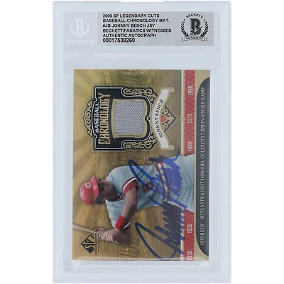 Johnny Bench Cincinnati Reds Autographed 2006 Upper Deck SP Legendary Cuts Baseball Chronology Material Jersey Relic #BC-JB Beckett Fanatics Witnessed Authenticated Card