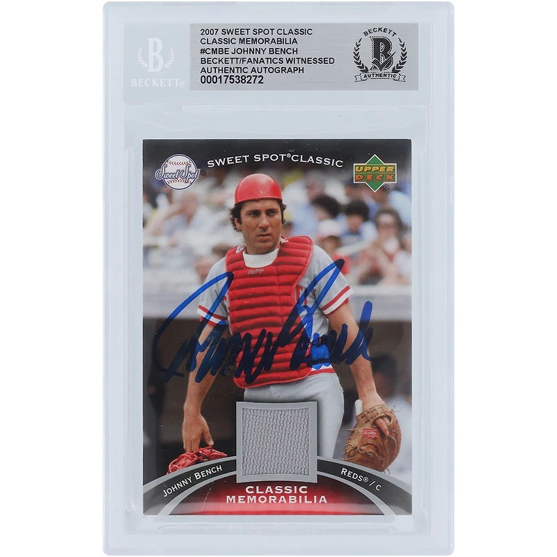 Johnny Bench Cincinnati Reds Autographed 2007 Upper Deck Sweet Spot Classic Classic Memorabilia Jersey Relic #CM-BE Beckett Fanatics Witnessed Authenticated Card