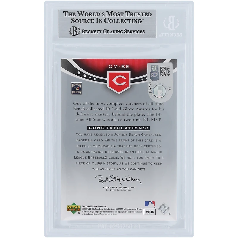 Johnny Bench Cincinnati Reds Autographed 2007 Upper Deck Sweet Spot Classic Classic Memorabilia Jersey Relic #CM-BE Beckett Fanatics Witnessed Authenticated Card