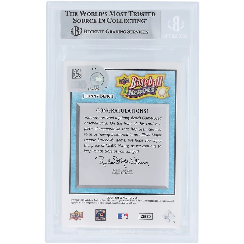 Johnny Bench Cincinnati Reds Autographed 2008 Upper Deck Baseball Heroes Light Blue Jersey Relic #50 #/200 Beckett Fanatics Witnessed Authenticated Card