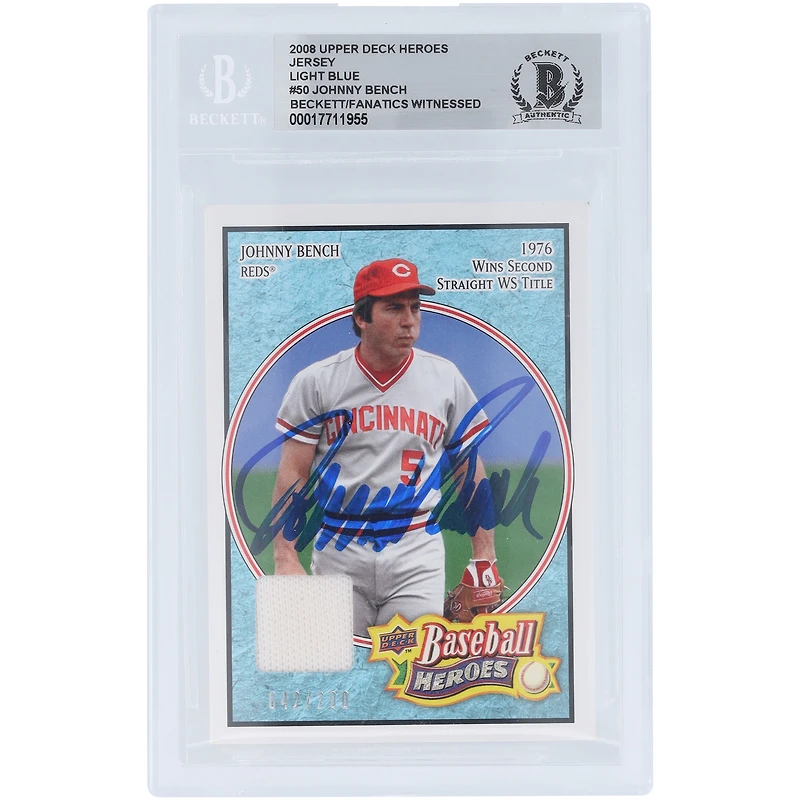 Johnny Bench Cincinnati Reds Autographié 2008 Upper Deck Baseball Heroes Light Blue Jersey Relic #50 #/200 Beckett Fanatics Witnessed Authenticated Card