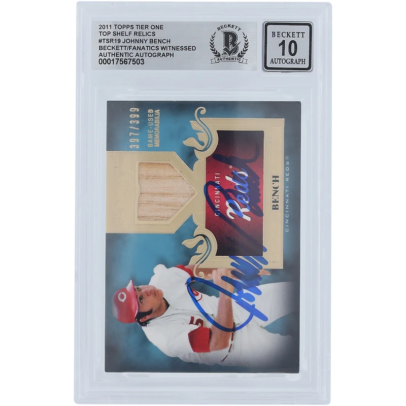 V106832 REDS Johnny Bench Cincinnati Reds Autographié 2011 Topps Tier One Top Shelf Bat Relic #TSR19 #/399 Beckett Fanatics Witnessed Authenticated 10 Card Johnny Bench AUT TPP TRADING CARDS 45666 AUTTRC CA01B00106