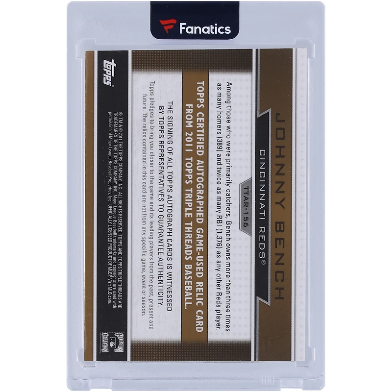 Carte relique dédicacée 2011 Topps Triple Threads utilisée par Johnny Bench Cincinnati Reds #TTAR-156 #7/9