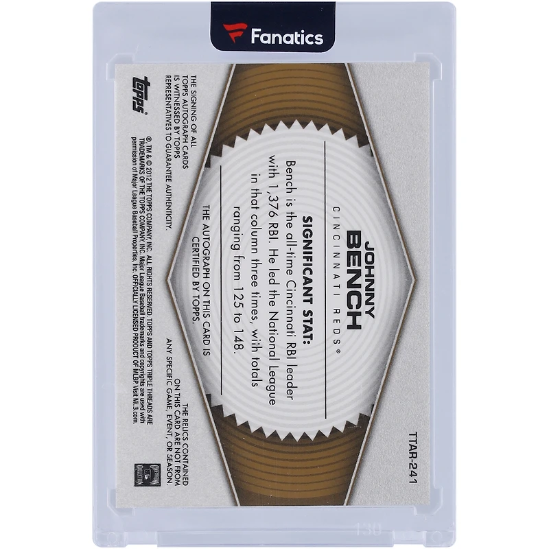 Carte relique autographiée par Johnny Bench des Cincinnati Reds 2012 Topps Triple Threads utilisée en jeu #TTAR-241 #6/9