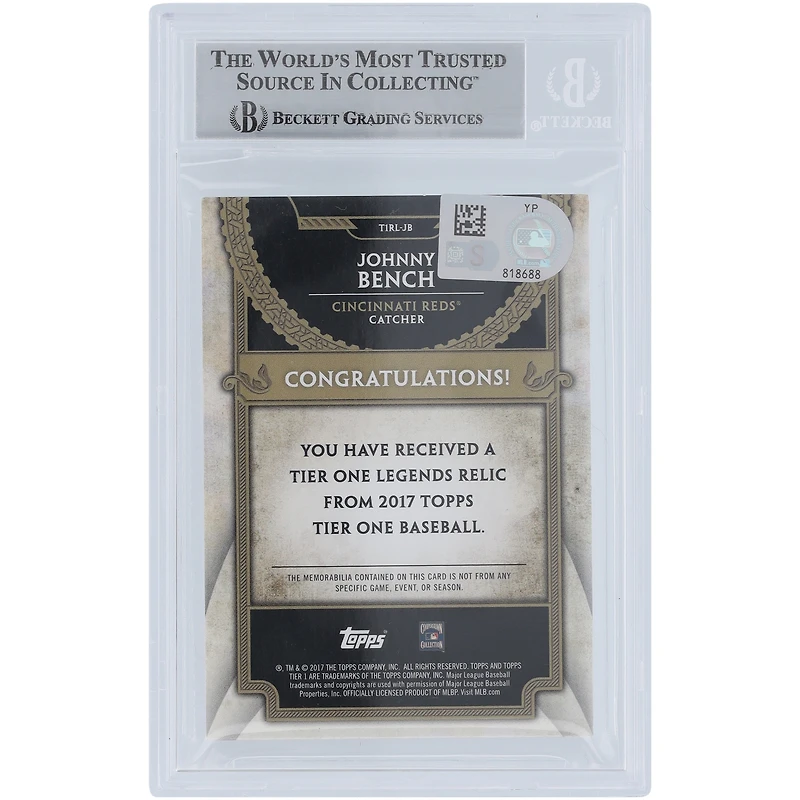 Johnny Bench Cincinnati Reds Autographed 2017 Topps Tier One Legends Bat Relic #T1RL-JB #/200 Beckett Fanatics Witnessed Authenticated Card 