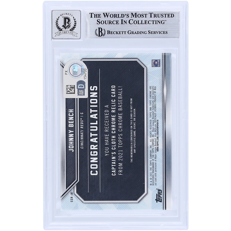 Johnny Bench Cincinnati Reds Autographed 2021 Topps Chrome Captain's Cloth Relic #CCR-JB Beckett Fanatics Witnessed Authenticated 9/10 Card