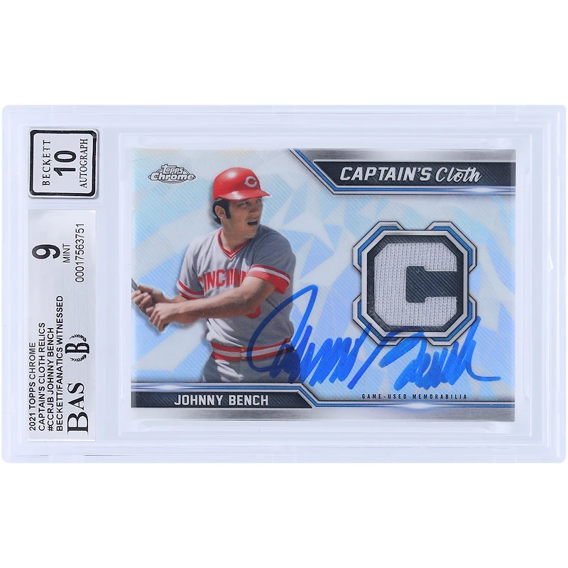 Johnny Bench Cincinnati Reds Autographed 2021 Topps Chrome Captain's Cloth Relic #CCR-JB Beckett Fanatics Witnessed Authenticated 9/10 Card