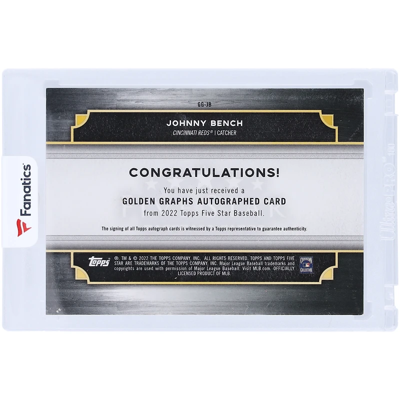 Johnny Bench Cincinnati Reds Autographed 2022 Topps Five Star Golden Graphs #GG-JB #14/30 Card