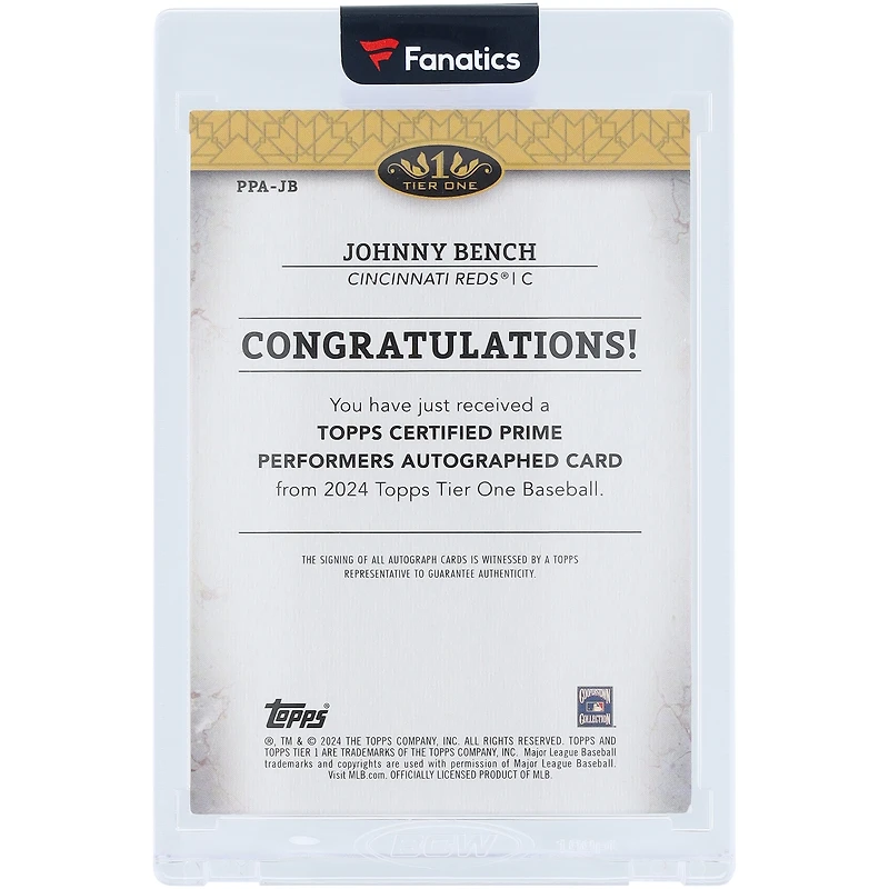 Johnny Bench Cincinnati Reds Autographed 2024 Topps Tier One Red Ink #PPA-JB #10/10 Card
