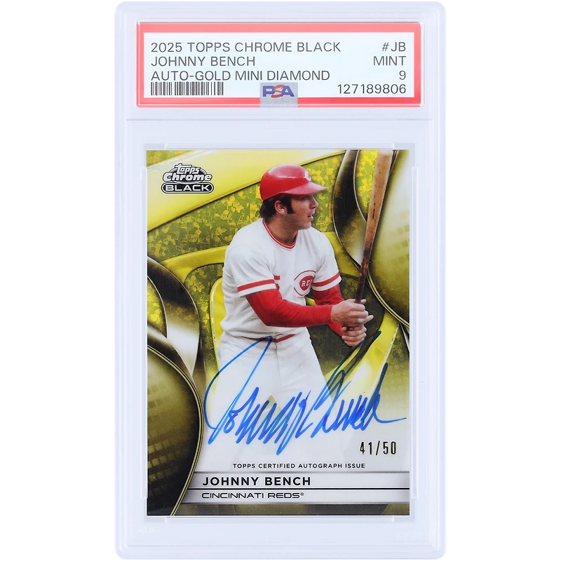 Carte autographiée de Johnny Bench (Reds de Cincinnati) 2025 Topps Chrome Black Gold Mini Diamond Refractor #CBA-JB #41/50, authentifiée par PSA 9.