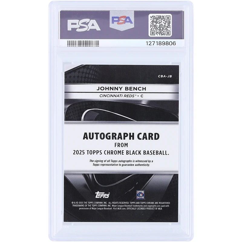 Carte autographiée de Johnny Bench (Reds de Cincinnati) 2025 Topps Chrome Black Gold Mini Diamond Refractor #CBA-JB #41/50, authentifiée par PSA 9.