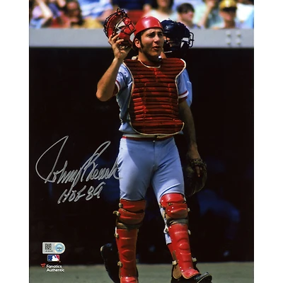 Johnny Bench Cincinnati Reds Autographed 8" x 10" In Catchers Gear Photograph with "HOF 89" Inscription