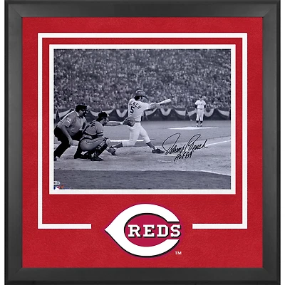 Johnny Bench Cincinnati Reds Autographed Deluxe Framed 16" x 20" Black & White Hitting Photograph with "HOF 89" Inscription