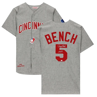 Maillot authentique Mitchell & Ness gris de 1969, signé par Johnny Bench des Reds de Cincinnati, avec inscription « HOF 89 ».