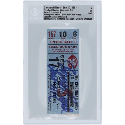 Johnny Bench Cincinnati Reds Dernier HR en carrière #389 Beckett Fanatics a été témoin d'un billet authentifié 7/10 du 17 septembre 1983 avec l'inscription « Dernier HR »