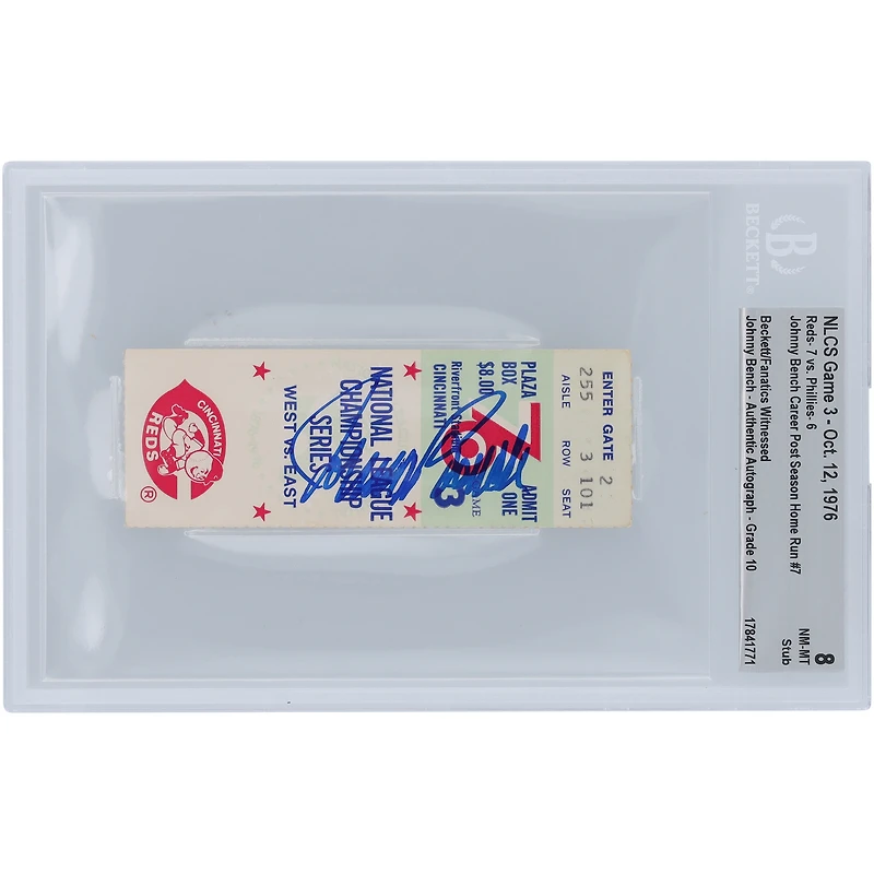 Johnny Bench Cincinnati Reds NLCS Game 3 Beckett Fanatics Witnessed Authentifié 8/10 Ticket du 12 octobre 1976