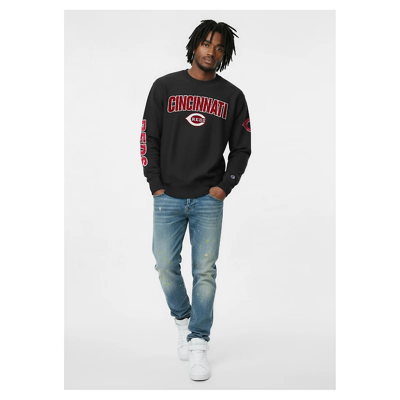 Sweat-shirt Champion noir pour homme en chenille tissée inversée, modèle Reds de Cincinnati