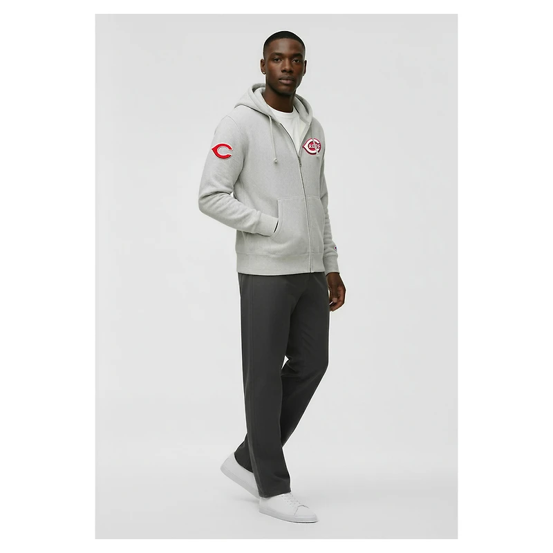 Men's Champion Gray Cincinnati Reds Reverse Weave Chenille Full-Zip Hoodie