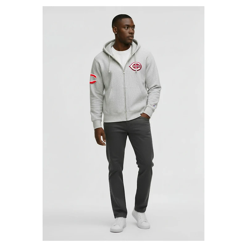 Men's Champion Gray Cincinnati Reds Reverse Weave Chenille Full-Zip Hoodie