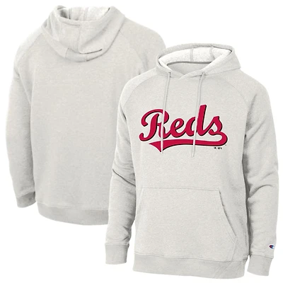 Sweat à capuche raglan Tri-Blend gris chiné ultra clair Champion pour homme, aux couleurs des Reds de Cincinnati.